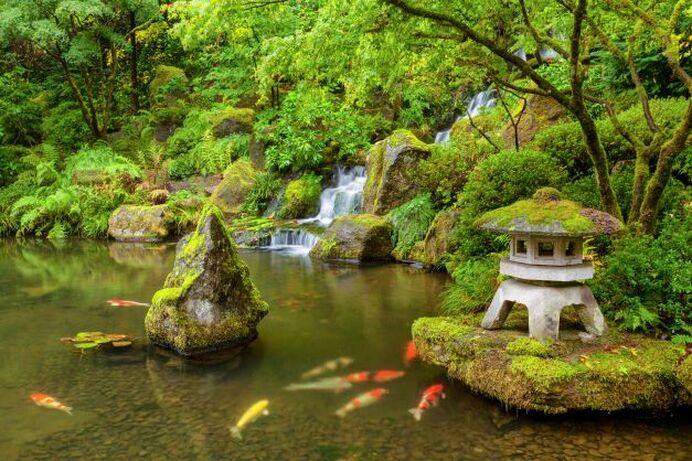 Japanese garden lantern next to fish pond